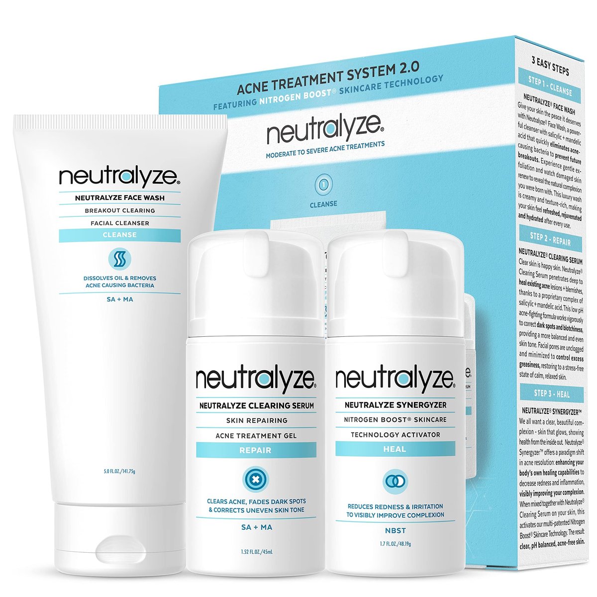 Neutralyze Moderate to Severe Acne Treatment Kit 2.0 - Maximum Strength 3-Step Acne Kit with 2% Salicylic Acid, 2% Mandelic Acid & Nitric Oxide - Face Wash, Clearing Serum & Synergyzer Avelisse