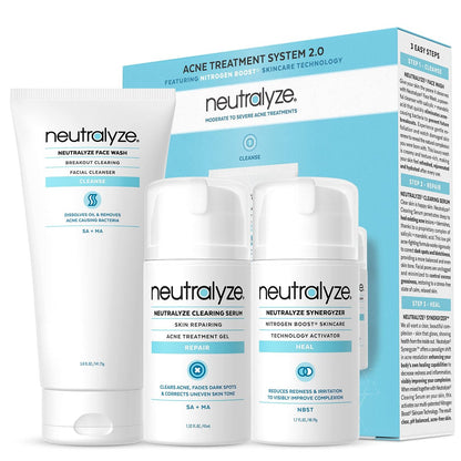 Neutralyze Moderate to Severe Acne Treatment Kit 2.0 - Maximum Strength 3-Step Acne Kit with 2% Salicylic Acid, 2% Mandelic Acid & Nitric Oxide - Face Wash, Clearing Serum & Synergyzer Avelisse