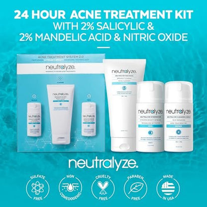 Neutralyze Moderate to Severe Acne Treatment Kit 2.0 - Maximum Strength 3-Step Acne Kit with 2% Salicylic Acid, 2% Mandelic Acid & Nitric Oxide - Face Wash, Clearing Serum & Synergyzer Avelisse