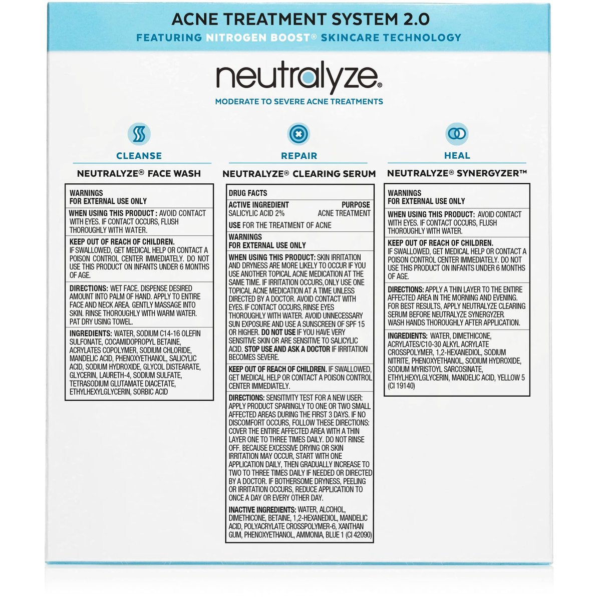 Neutralyze Moderate to Severe Acne Treatment Kit 2.0 - Maximum Strength 3-Step Acne Kit with 2% Salicylic Acid, 2% Mandelic Acid & Nitric Oxide - Face Wash, Clearing Serum & Synergyzer Avelisse