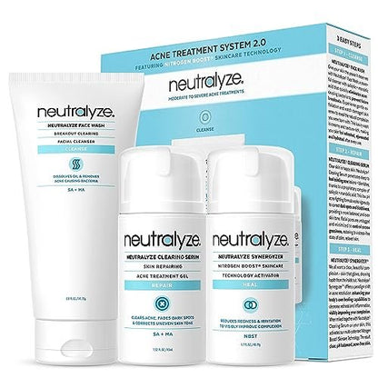 Neutralyze Moderate to Severe Acne Treatment Kit 2.0 - Maximum Strength 3-Step Acne Kit with 2% Salicylic Acid, 2% Mandelic Acid & Nitric Oxide - Face Wash, Clearing Serum & Synergyzer Avelisse