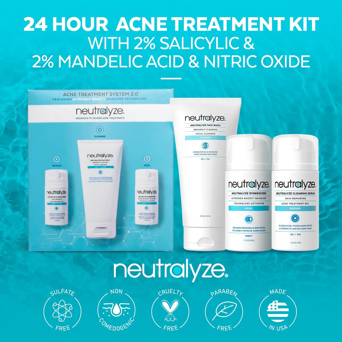 Neutralyze Moderate to Severe Acne Treatment Kit 2.0 - Maximum Strength 3-Step Acne Kit with 2% Salicylic Acid, 2% Mandelic Acid & Nitric Oxide - Face Wash, Clearing Serum & Synergyzer Avelisse