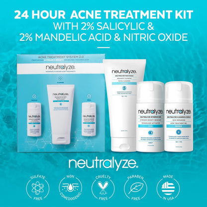 Neutralyze Moderate to Severe Acne Treatment Kit 2.0 - Maximum Strength 3-Step Acne Kit with 2% Salicylic Acid, 2% Mandelic Acid & Nitric Oxide - Face Wash, Clearing Serum & Synergyzer Avelisse
