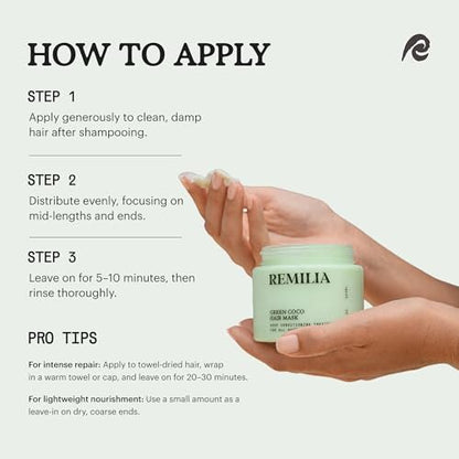 Remilia Hair Green Coco Hair Mask with Coconut Oil, Avocado Oil, Castor Oil, Green Tea & Rice Protein for Smoothness and Manageability - 200 ml (6.7 fl oz) Avelisse