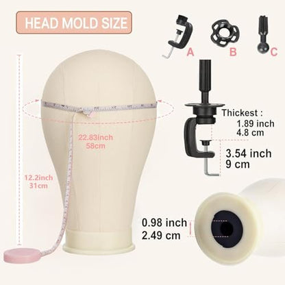23 Inch Canvas Block Wig Head with 47 Inch Tripod Stand - SZCY LLC Mannequin Head for Wig Display, Styling, and Practice with Wig Caps, T C Pins & Brush Avelisse