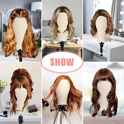 23 Inch Canvas Block Wig Head with 47 Inch Tripod Stand - SZCY LLC Mannequin Head for Wig Display, Styling, and Practice with Wig Caps, T C Pins & Brush Avelisse
