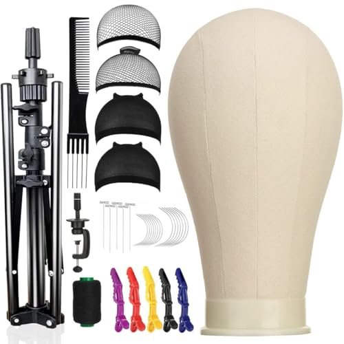23 Inch Canvas Block Wig Head with 47 Inch Tripod Stand - SZCY LLC Mannequin Head for Wig Display, Styling, and Practice with Wig Caps, T C Pins & Brush Avelisse