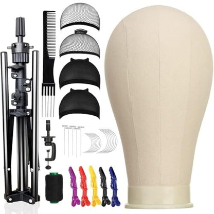 23 Inch Canvas Block Wig Head with 47 Inch Tripod Stand - SZCY LLC Mannequin Head for Wig Display, Styling, and Practice with Wig Caps, T C Pins & Brush Avelisse