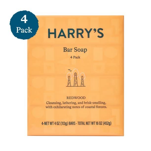 Harry's Men's Bar Soap, Redwood Scent Body Bar Soap for Men, 4 Bars, Net Wt 4 oz Each Avelisse