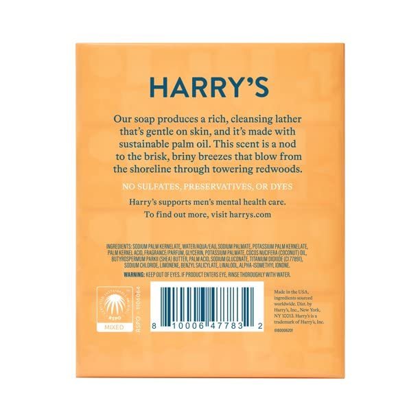 Harry's Men's Bar Soap, Redwood Scent Body Bar Soap for Men, 4 Bars, Net Wt 4 oz Each Avelisse