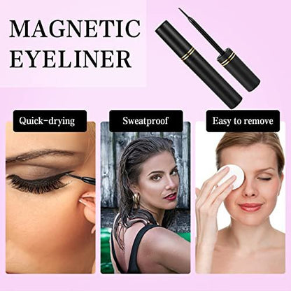 KATGE Magnetic Eyelashes and Eyeliner Kit – 12 Pairs Reusable 3D Natural False Lashes with Eyeliner and Tweezers, No Glue Needed (Black)