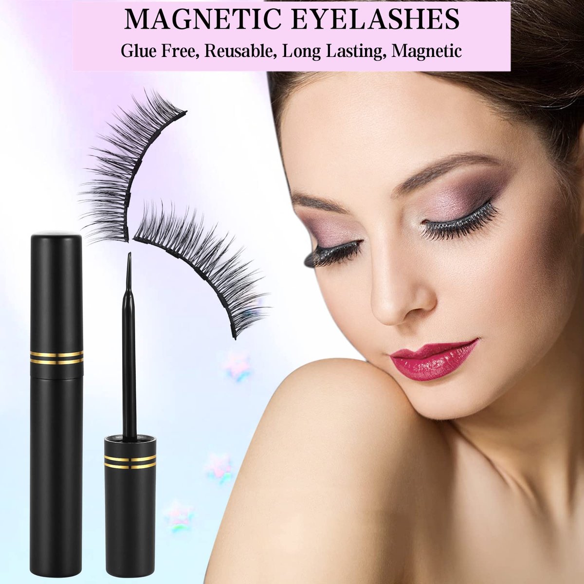 KATGE Magnetic Eyelashes and Eyeliner Kit – 12 Pairs Reusable 3D Natural False Lashes with Eyeliner and Tweezers, No Glue Needed (Black) - görsel 5