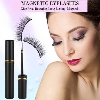 KATGE Magnetic Eyelashes and Eyeliner Kit – 12 Pairs Reusable 3D Natural False Lashes with Eyeliner and Tweezers, No Glue Needed (Black)