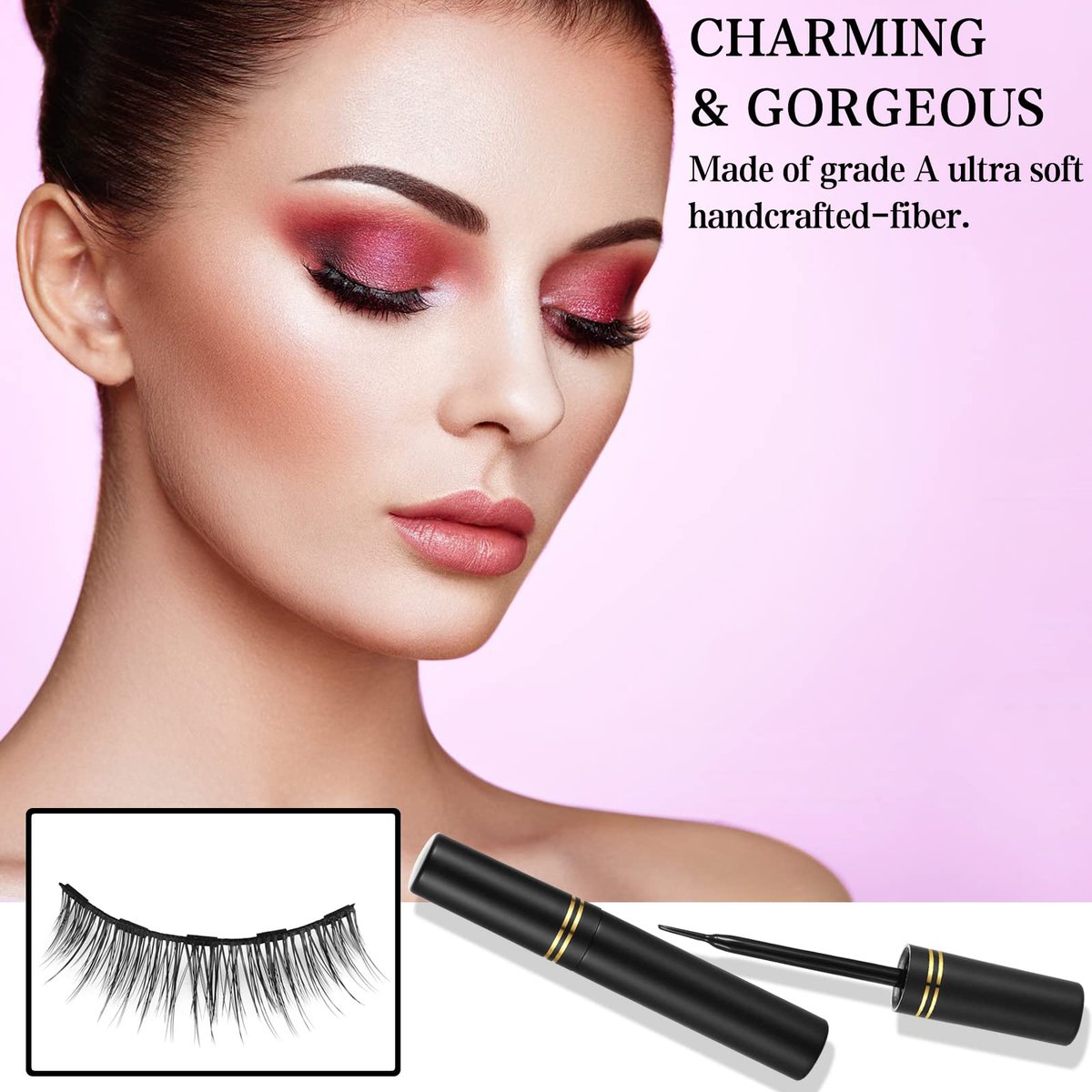 KATGE Magnetic Eyelashes and Eyeliner Kit – 12 Pairs Reusable 3D Natural False Lashes with Eyeliner and Tweezers, No Glue Needed (Black) - görsel 3