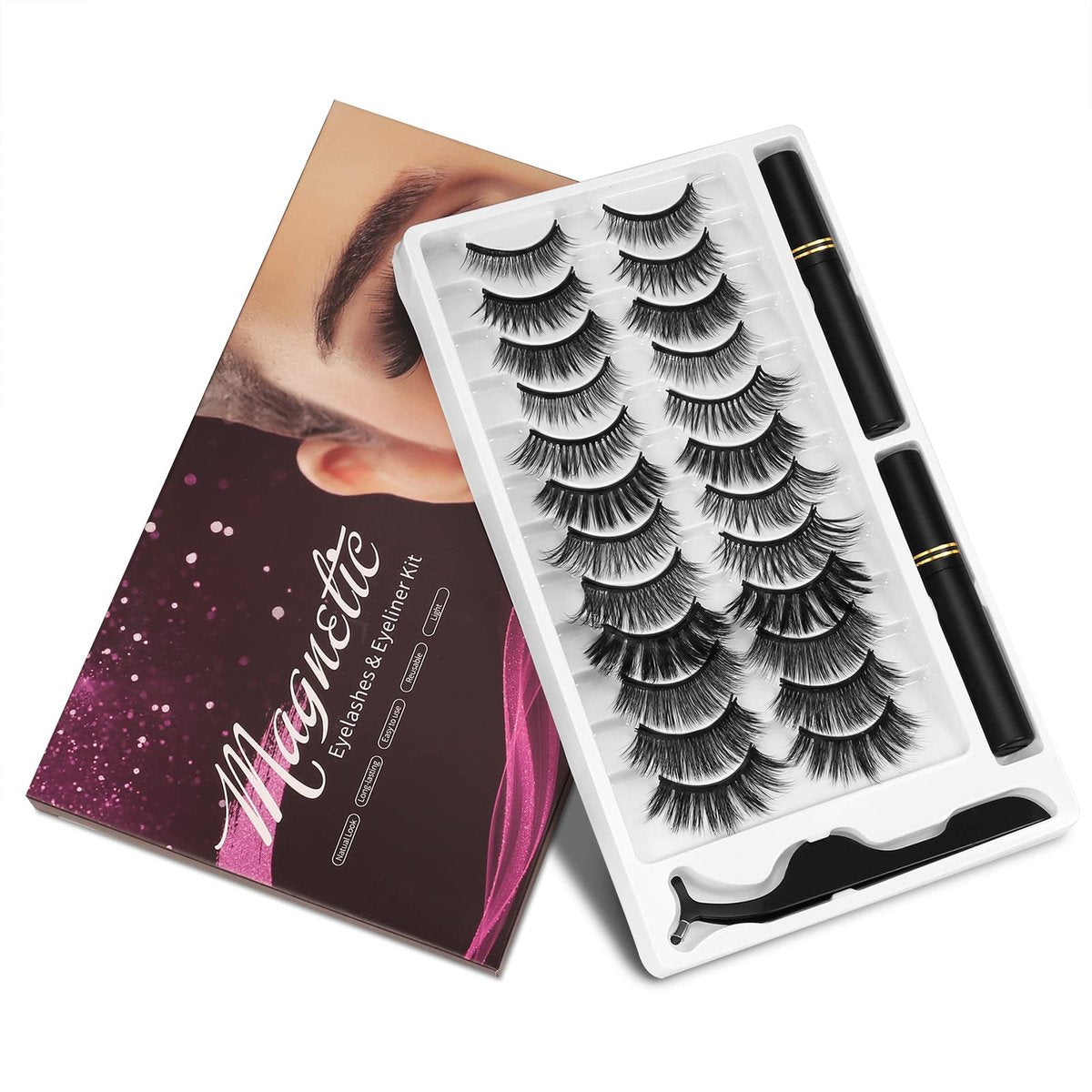 KATGE Magnetic Eyelashes and Eyeliner Kit – 12 Pairs Reusable 3D Natural False Lashes with Eyeliner and Tweezers, No Glue Needed (Black) - görsel 1