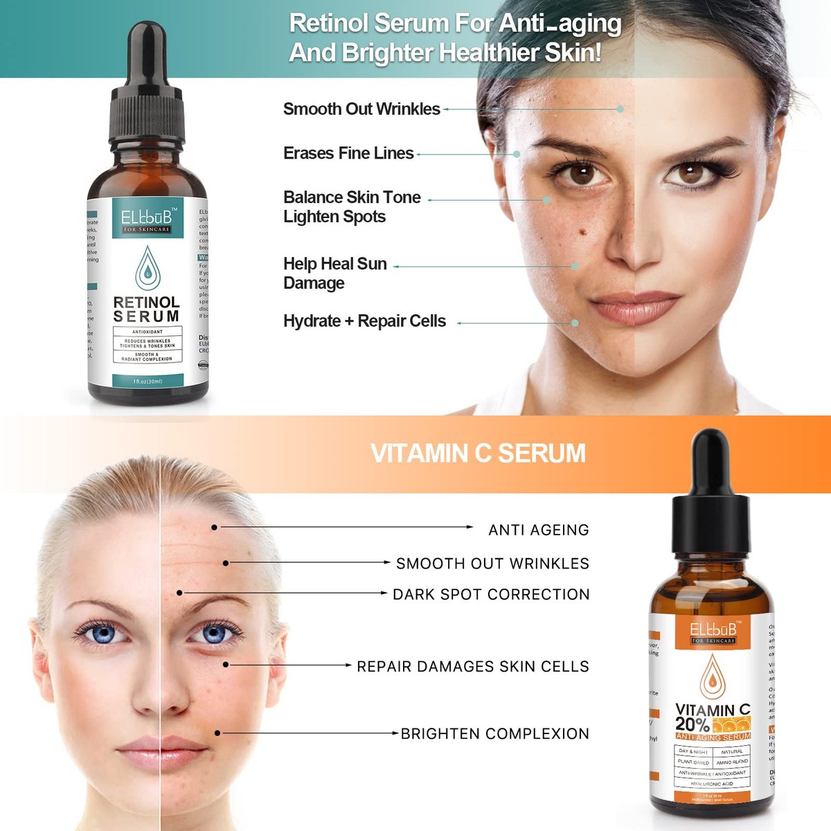 ELBBUB Day-Night Anti Aging Vitamin C Serum & Retinol Serum for Face with Retinol & Amino Acids – Boost Skin Collagen, Hydrate & Plump Skin Facial Serum - görsel 3