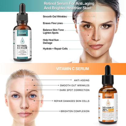 ELBBUB Day-Night Anti Aging Vitamin C Serum & Retinol Serum for Face with Retinol & Amino Acids – Boost Skin Collagen, Hydrate & Plump Skin Facial Serum