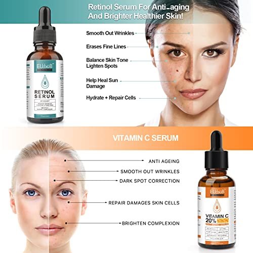 ELBBUB Day-Night Anti Aging Vitamin C Serum & Retinol Serum for Face with Retinol & Amino Acids – Boost Skin Collagen, Hydrate & Plump Skin Facial Serum - görsel 4