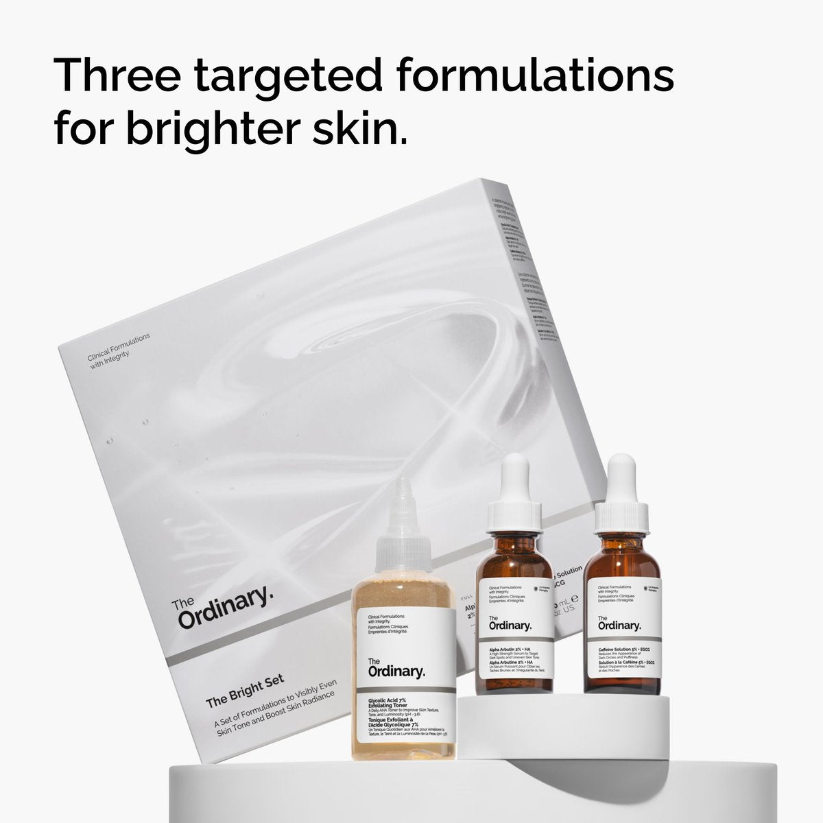 The Ordinary The Bright Set: 3-Step Regimen for Radiant, Even Skin Tone with Glycolic Acid 7% Exfoliating Toner, Alpha Arbutin 2% + HA, and Caffeine Solution 5% + EGCG Avelisse