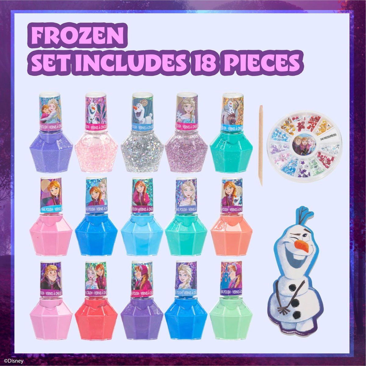 Townley Girl Disney Frozen Peel-Off Nail Polish Set - 18 Pc with Gems, Shimmery & Opaque Colors for Girls Ages 3+ Avelisse