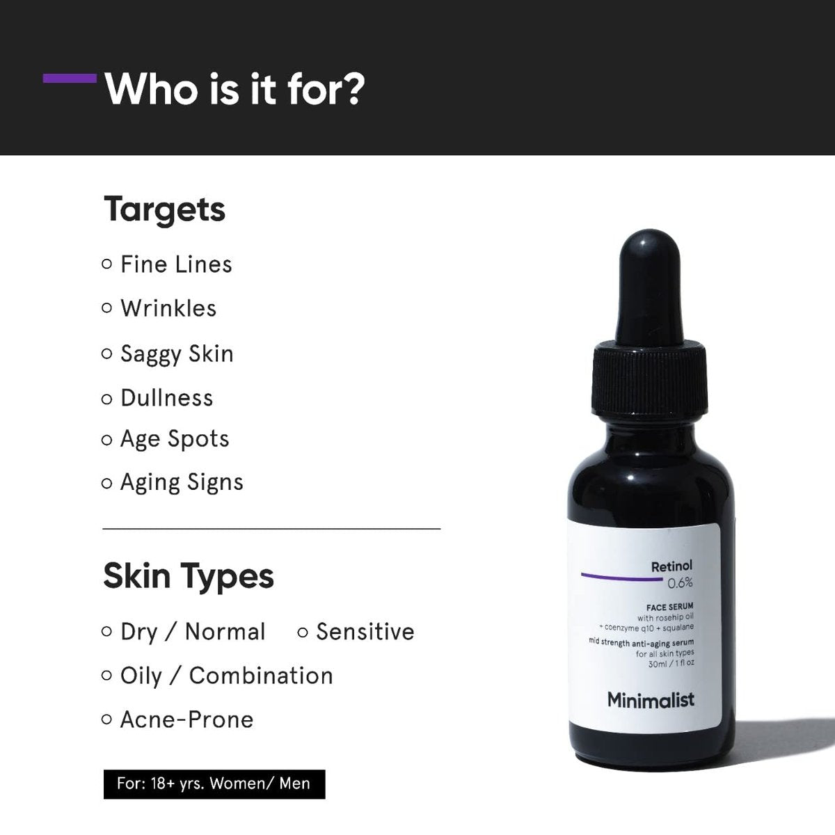 Minimalist 0.6% Retinol Serum with Coenzyme Q10 - Anti-Aging, Reduces Fine Lines & Wrinkles, Mid Strength, 30ml Avelisse