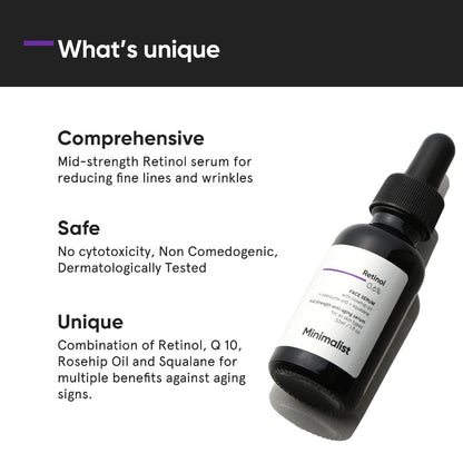 Minimalist 0.6% Retinol Serum with Coenzyme Q10 - Anti-Aging, Reduces Fine Lines & Wrinkles, Mid Strength, 30ml Avelisse