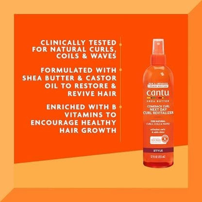 Cantu Comeback Curl Next Day Curl Revitalizer for Natural Hair with Pure Shea Butter, 12 fl oz (Pack of 3)