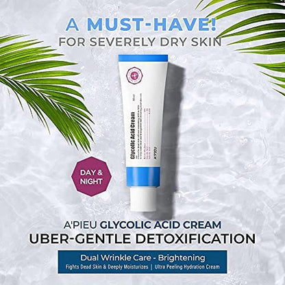 A'PIEU Glycolic Acid Cream 1.69 fl oz - AHA BHA Exfoliating Moisturizer with Glycolic & Salicylic Acid | Hydrating Daily Peeling Gel Cream for Smooth and Clear Skin