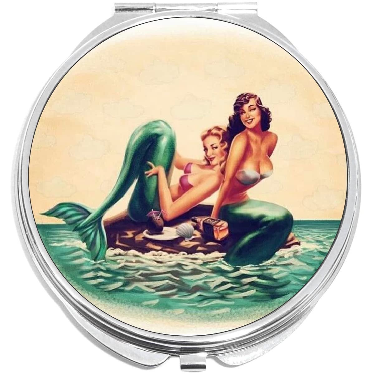 NewCharms Vintage Mermaids Compact Mirror - Pocket & Purse Size Folding Makeup Mirror - görsel 1