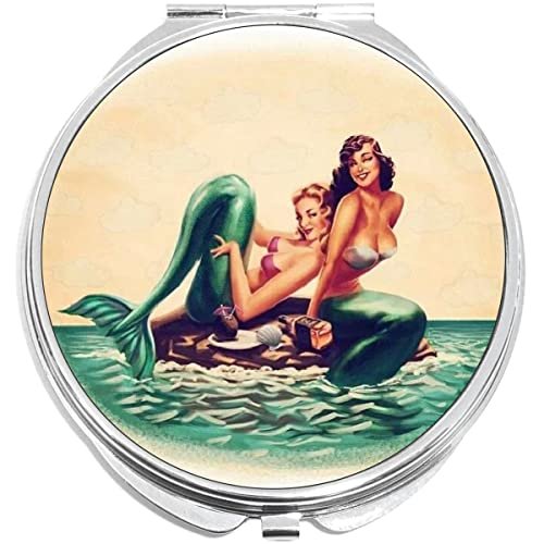 NewCharms Vintage Mermaids Compact Mirror - Pocket & Purse Size Folding Makeup Mirror - görsel 2