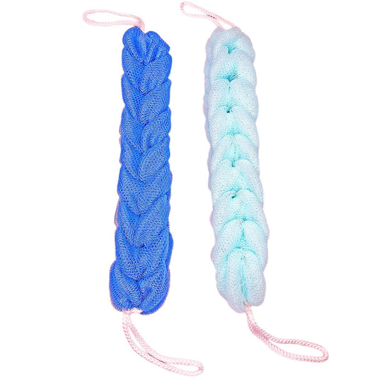 Long Stretch Back Sponge with Rope Handles - 2-Pack Blue Green Nylon Mesh Loofah for Shower Exfoliation