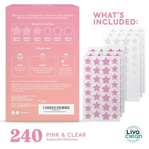 Livaclean 240 Star Pimple Patches for Face - Clear & Pink Cute Acne Patches with Salicylic Acid, Tea Tree Oil & Hydrocolloid - Zit Stickers for Day & Night Use - görsel 3