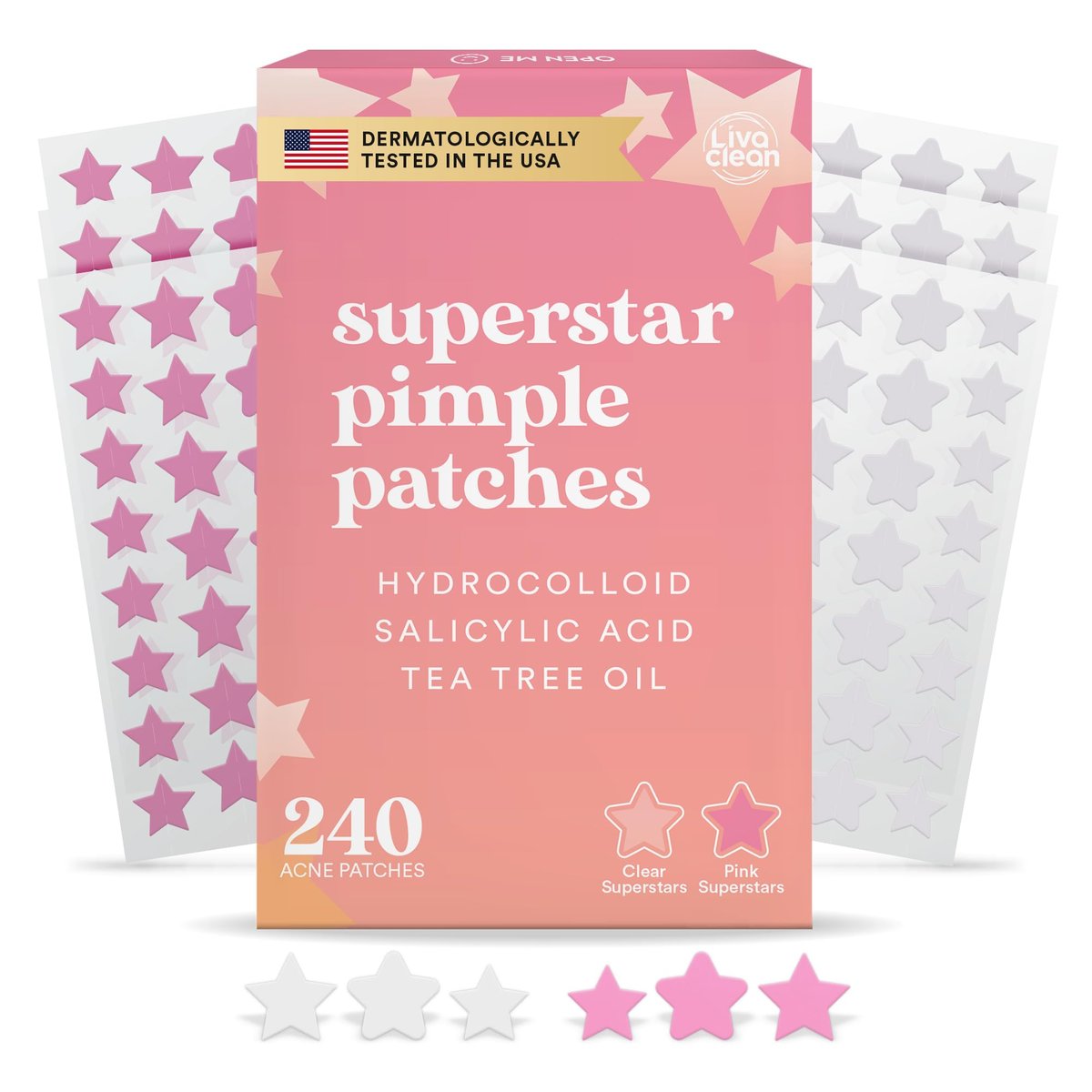 Livaclean 240 Star Pimple Patches for Face - Clear & Pink Cute Acne Patches with Salicylic Acid, Tea Tree Oil & Hydrocolloid - Zit Stickers for Day & Night Use - görsel 2