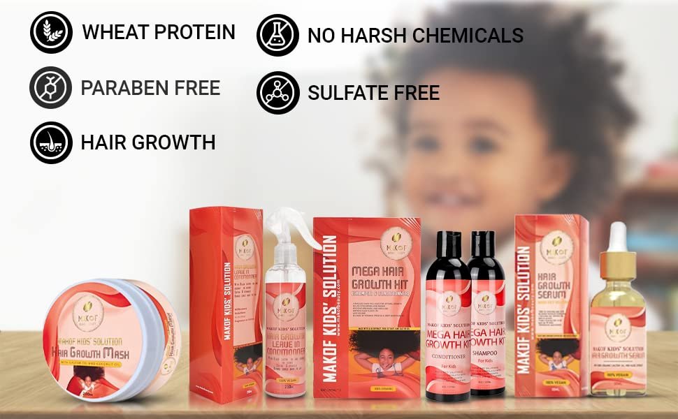 MAKOF Kid’s Hair Growth Set – Shampoo & Conditioner with Black Castor Oil, Wheat Protein, Argan, Jojoba, Aloe Vera, Mask Treatment & Leave-In, Sulfate & Paraben Free Avelisse