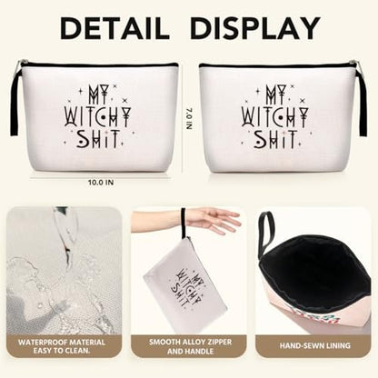 Witch Stuff Witchcraft Makeup Bag – Funny Witchy Gift for Her, Tarot Lover, Coven Sister – Large Beige Linen Toiletry Bag