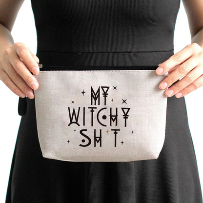 Witch Stuff Witchcraft Makeup Bag – Funny Witchy Gift for Her, Tarot Lover, Coven Sister – Large Beige Linen Toiletry Bag