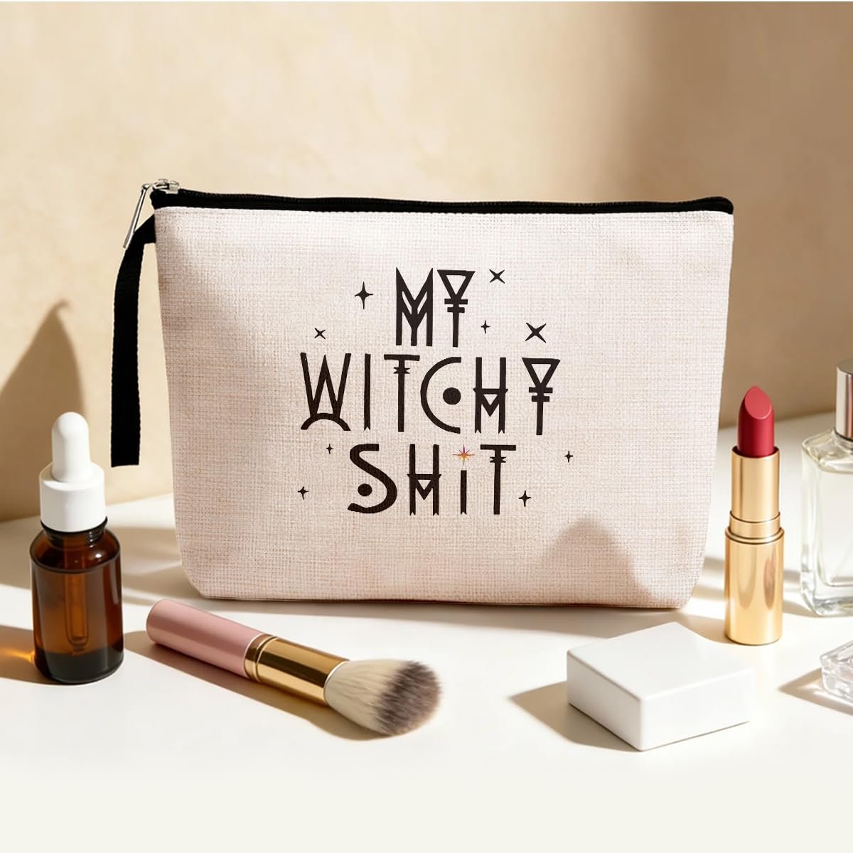 Witch Stuff Witchcraft Makeup Bag – Funny Witchy Gift for Her, Tarot Lover, Coven Sister – Large Beige Linen Toiletry Bag - görsel 5