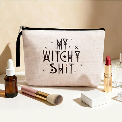 Witch Stuff Witchcraft Makeup Bag – Funny Witchy Gift for Her, Tarot Lover, Coven Sister – Large Beige Linen Toiletry Bag