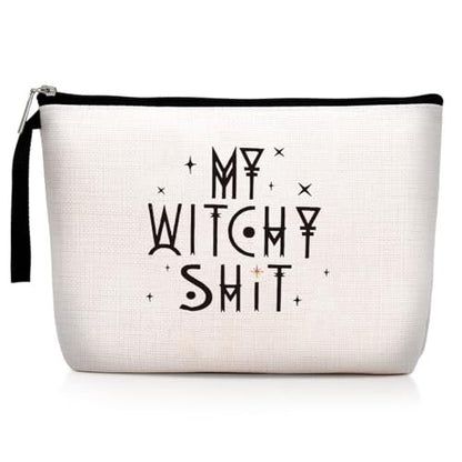 Witch Stuff Witchcraft Makeup Bag – Funny Witchy Gift for Her, Tarot Lover, Coven Sister – Large Beige Linen Toiletry Bag