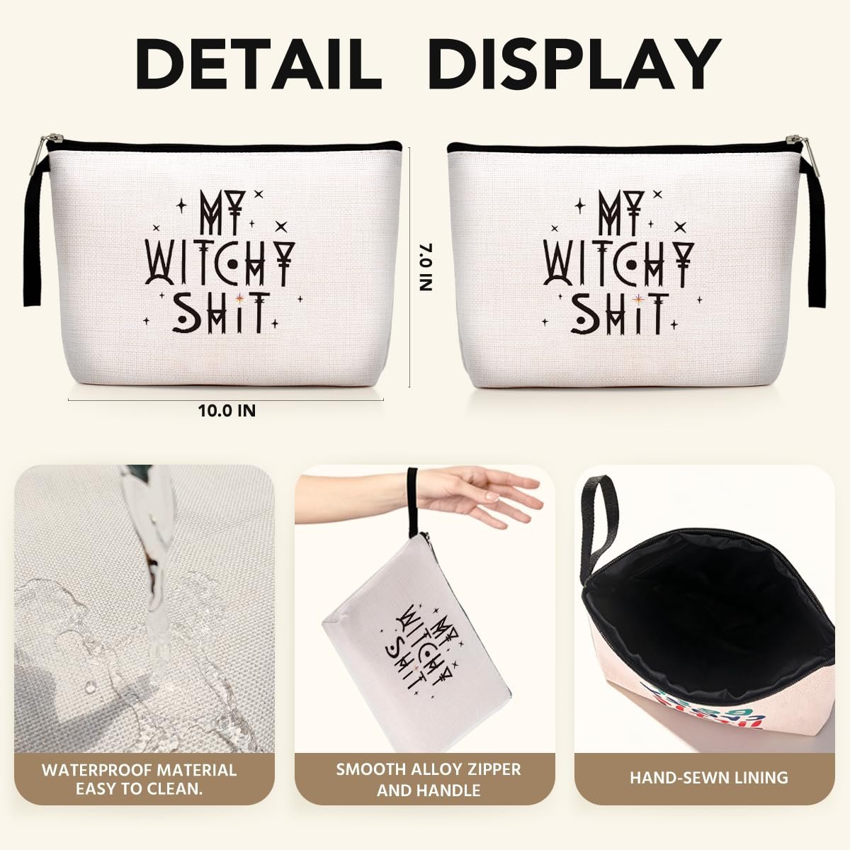 Witch Stuff Witchcraft Makeup Bag – Funny Witchy Gift for Her, Tarot Lover, Coven Sister – Large Beige Linen Toiletry Bag - görsel 3