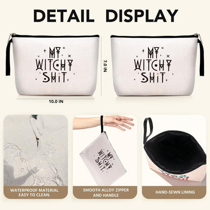 Witch Stuff Witchcraft Makeup Bag – Funny Witchy Gift for Her, Tarot Lover, Coven Sister – Large Beige Linen Toiletry Bag
