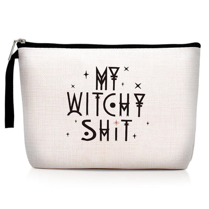 Witch Stuff Witchcraft Makeup Bag – Funny Witchy Gift for Her, Tarot Lover, Coven Sister – Large Beige Linen Toiletry Bag