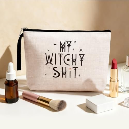 Witch Stuff Witchcraft Makeup Bag – Funny Witchy Gift for Her, Tarot Lover, Coven Sister – Large Beige Linen Toiletry Bag - görsel 6