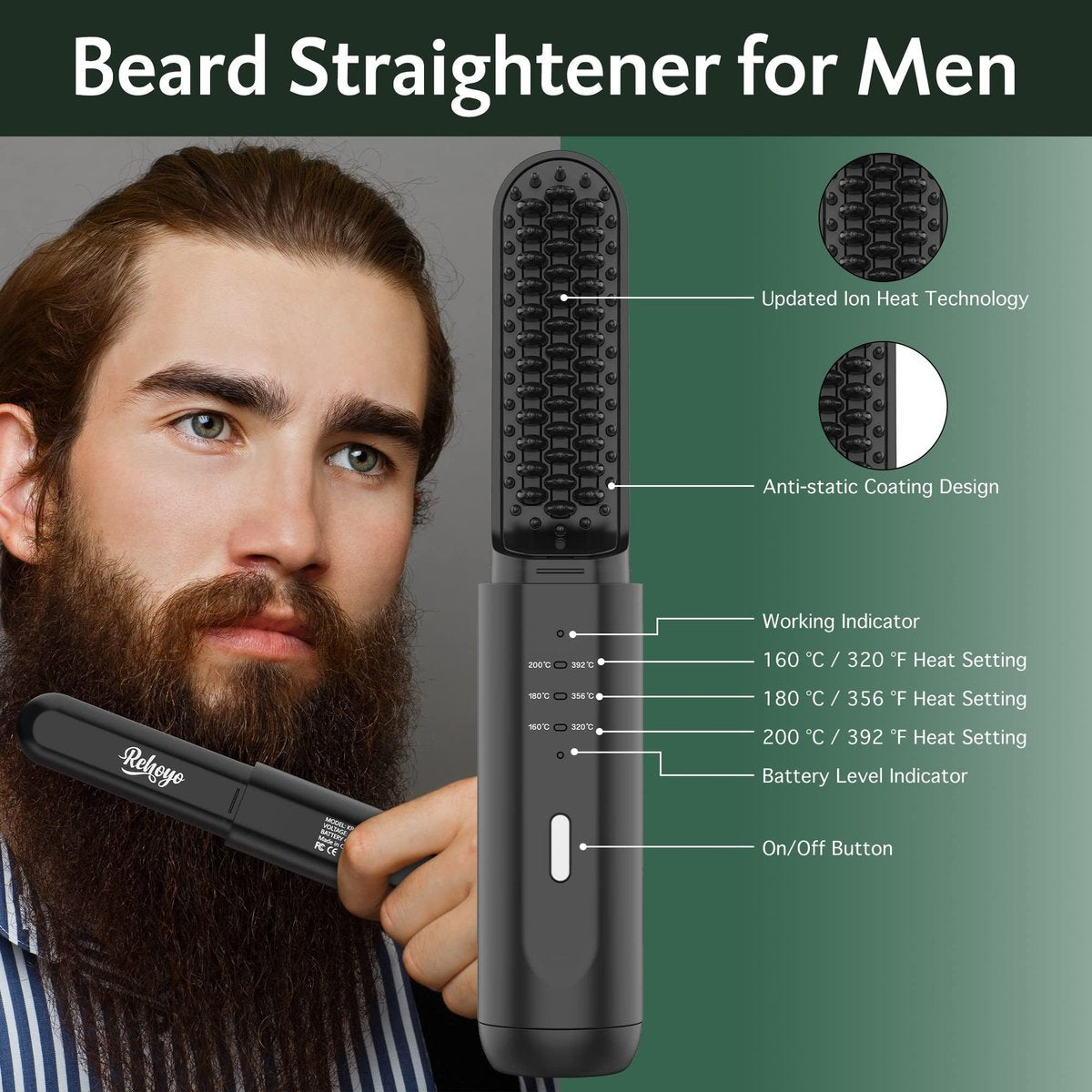 Cordless Beard Straightener Brush for Men - Portable Heated Comb with Anti-Scald & Ionic Technology, 3 Temperature Settings for Home & Travel (Black) Avelisse