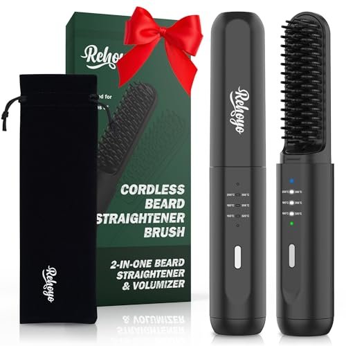 Cordless Beard Straightener Brush for Men - Portable Heated Comb with Anti-Scald & Ionic Technology, 3 Temperature Settings for Home & Travel (Black) Avelisse