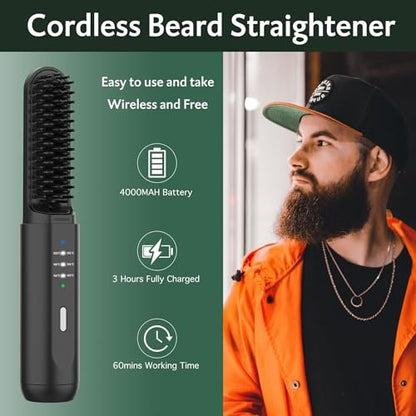 Cordless Beard Straightener Brush for Men - Portable Heated Comb with Anti-Scald & Ionic Technology, 3 Temperature Settings for Home & Travel (Black) Avelisse