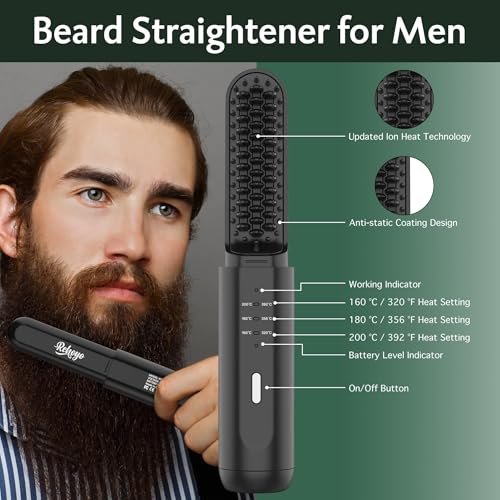 Cordless Beard Straightener Brush for Men - Portable Heated Comb with Anti-Scald & Ionic Technology, 3 Temperature Settings for Home & Travel (Black) Avelisse