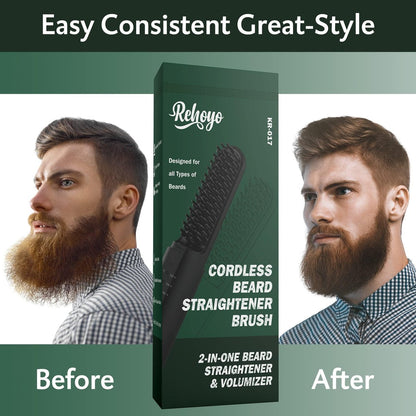 Cordless Beard Straightener Brush for Men - Portable Heated Comb with Anti-Scald & Ionic Technology, 3 Temperature Settings for Home & Travel (Black) Avelisse
