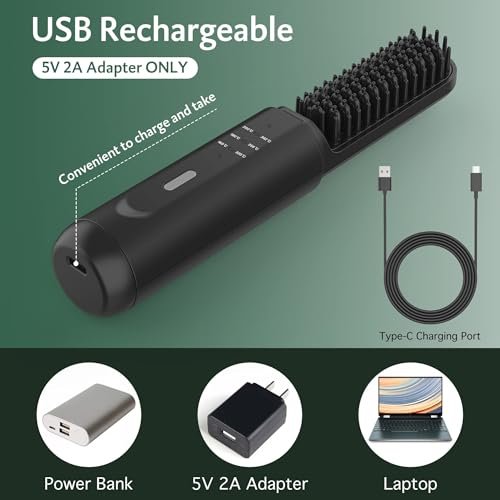 Cordless Beard Straightener Brush for Men - Portable Heated Comb with Anti-Scald & Ionic Technology, 3 Temperature Settings for Home & Travel (Black) Avelisse
