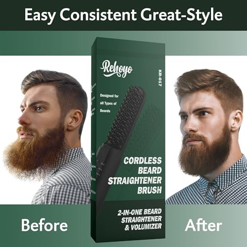Cordless Beard Straightener Brush for Men - Portable Heated Comb with Anti-Scald & Ionic Technology, 3 Temperature Settings for Home & Travel (Black) Avelisse